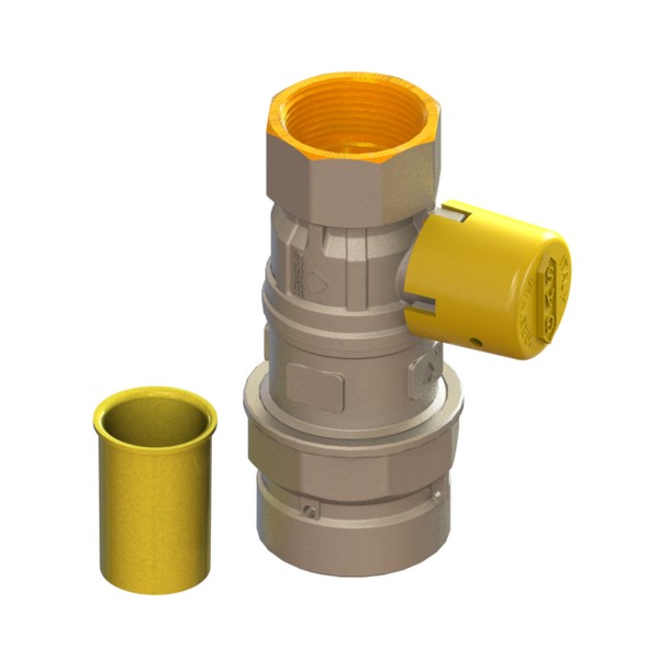 Gas reduced-bore ball valve, standard series, for PE, protected with SDR11 inlet, with yellow sealable cap, PE-FEMALE