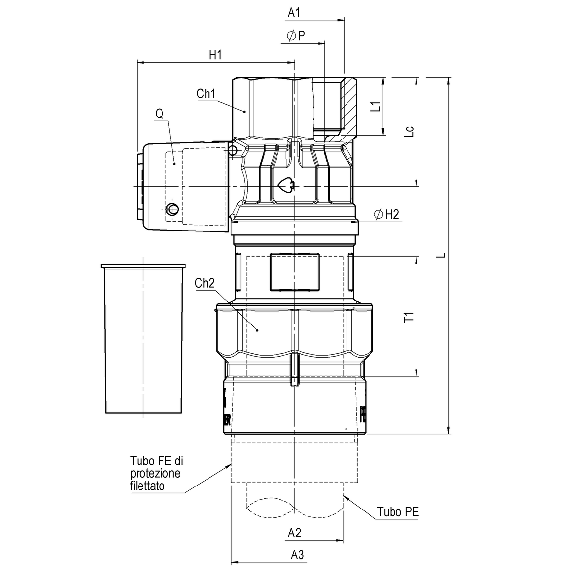Gas reduced-bore ball valve, standard series, for PE, protected with SDR11 inlet, with yellow sealable cap, PE-FEMALE