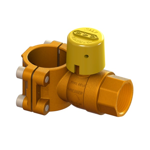 Gas ball valve with flange for sealable connection under pressure, flange side bolts, with yellow sealable cap FEMALE