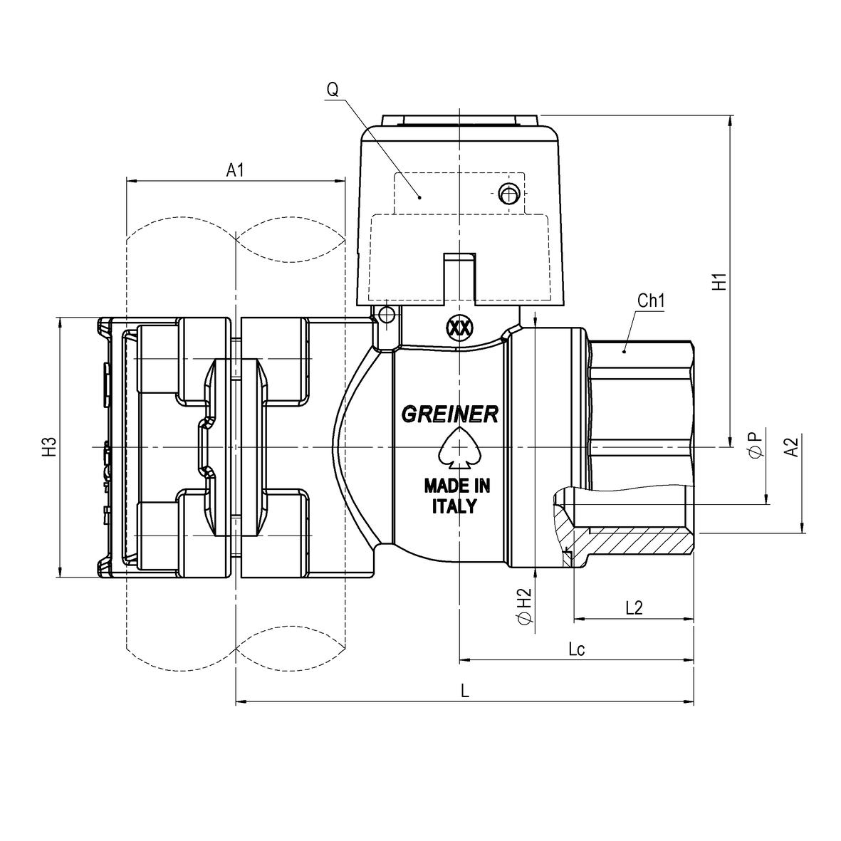 Gas ball valve with flange for sealable connection under pressure, flange side bolts, with yellow sealable cap FEMALE