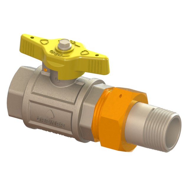 Gas full-bore ball valve, heavy execution, with yellow sealable T-handle FEMALE-MALE, pipe union OR