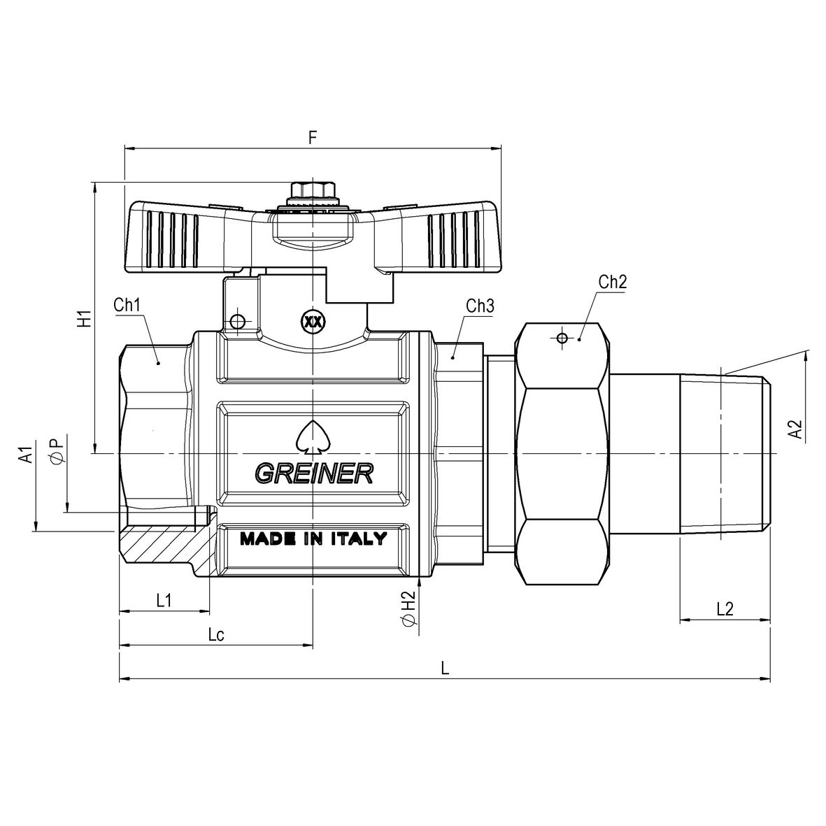 Gas full-bore ball valve, heavy execution, with yellow sealable T-handle FEMALE-MALE, pipe union OR