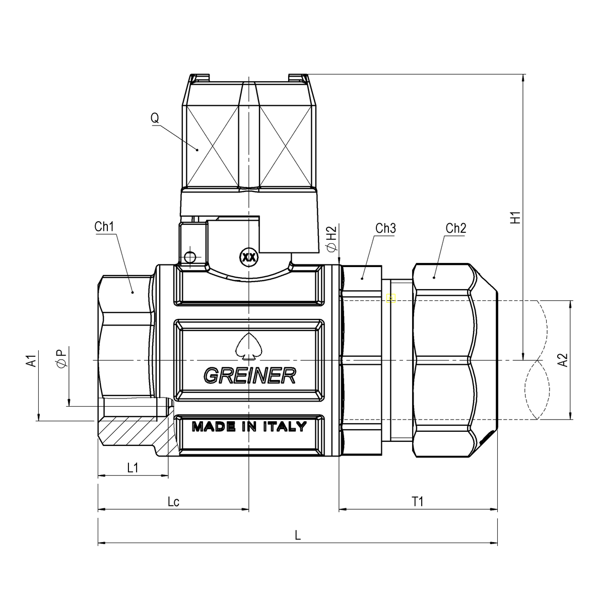 Water full-bore ball valve, heavy execution, for PE pipe with compression fitting, with truncated pyramid-shaped cap, IRON-PE