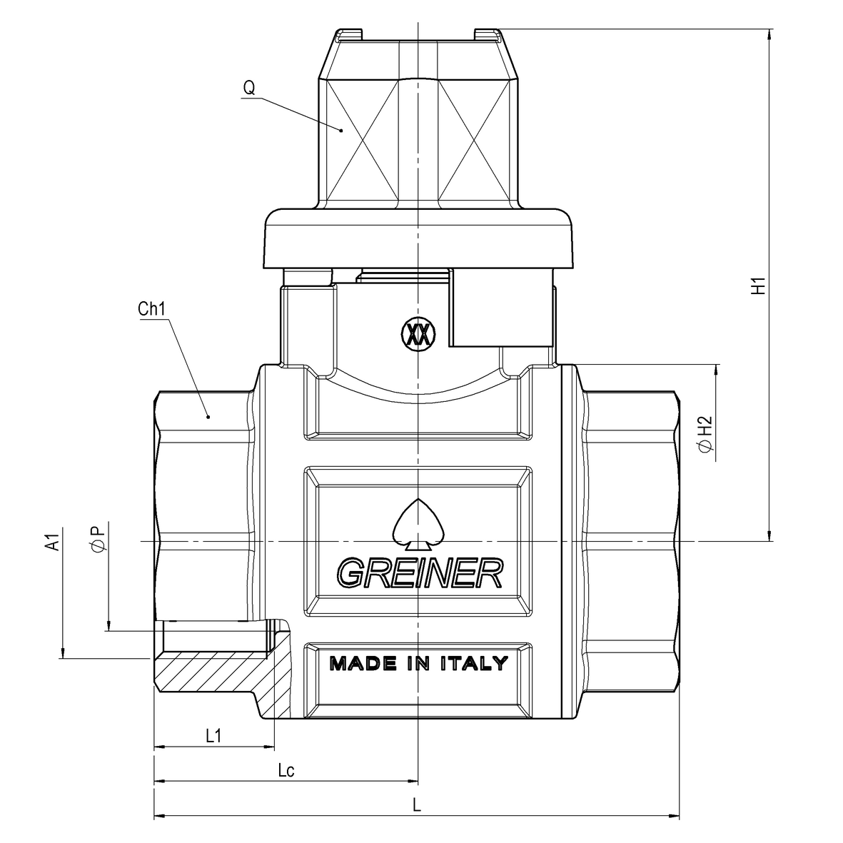 Valvola a sfera acqua a passaggio totale pesante con resistenza di 400 Nm con con cappellotto troncopiramidale tornito F-F