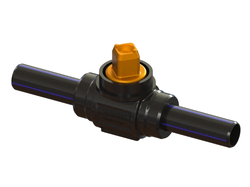 Valvola a sfera acqua a passaggio totale pesante rivestita in PUR per tubo PE a saldare con cappellotto troncopiramidale PE-PE