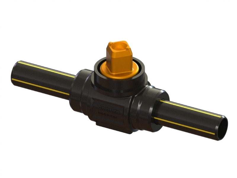 Gas full-bore ball valve, heavy execution, covered in PUR for PE pipe to be welded, with truncated pyramid-shaped cap, PE-PE