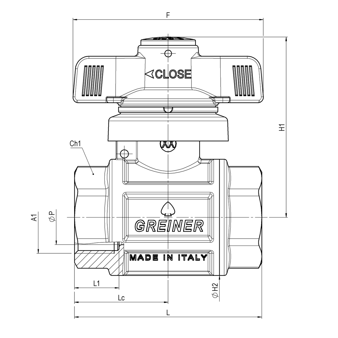 Valvola a sfera per acqua a passaggio totale serie pesante con farfalla antimanomissione B-Grip F-F