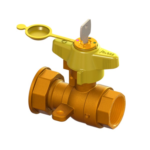 Gas meter reduced-bore inlet ball valve with mounting ear with safety and arrearage lock 651 to 685 FEMALE-MOVING NUT