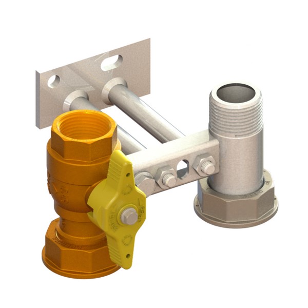 Mensola per contatore gas I=110 valvola in entrata con farfalla gialla sigillabile cannotto in uscita con supporto a 2 perni F-GI-M