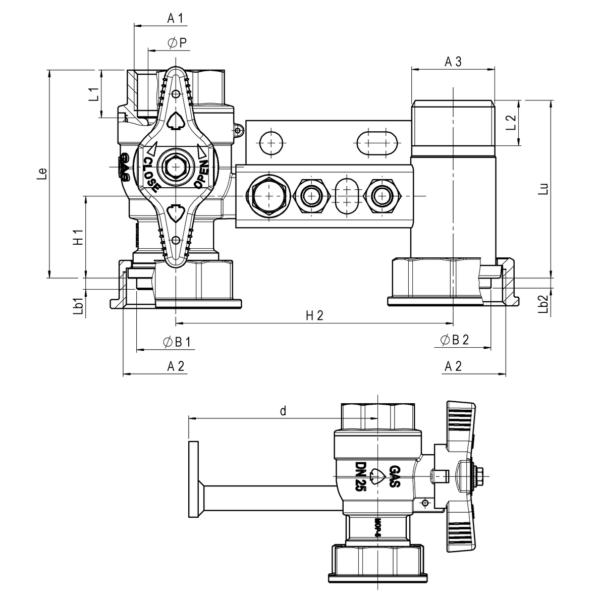 Mensola per contatore gas I=110 valvola in entrata con farfalla gialla sigillabile cannotto in uscita con supporto a 2 perni F-GI-M