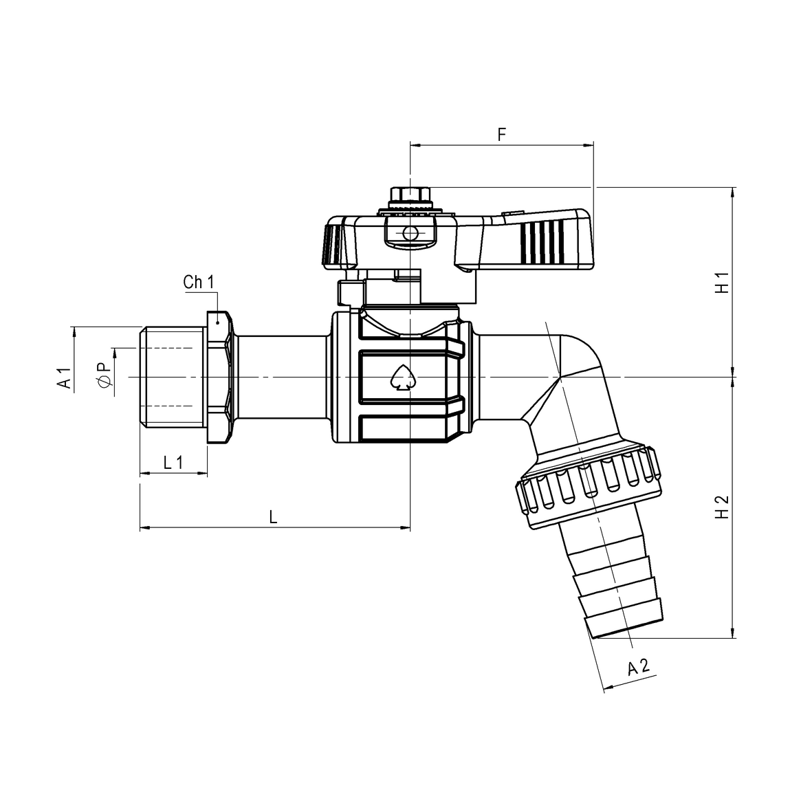 Curved ball bibcock, with hose connection, with asymmetric T-handle MALE-PG