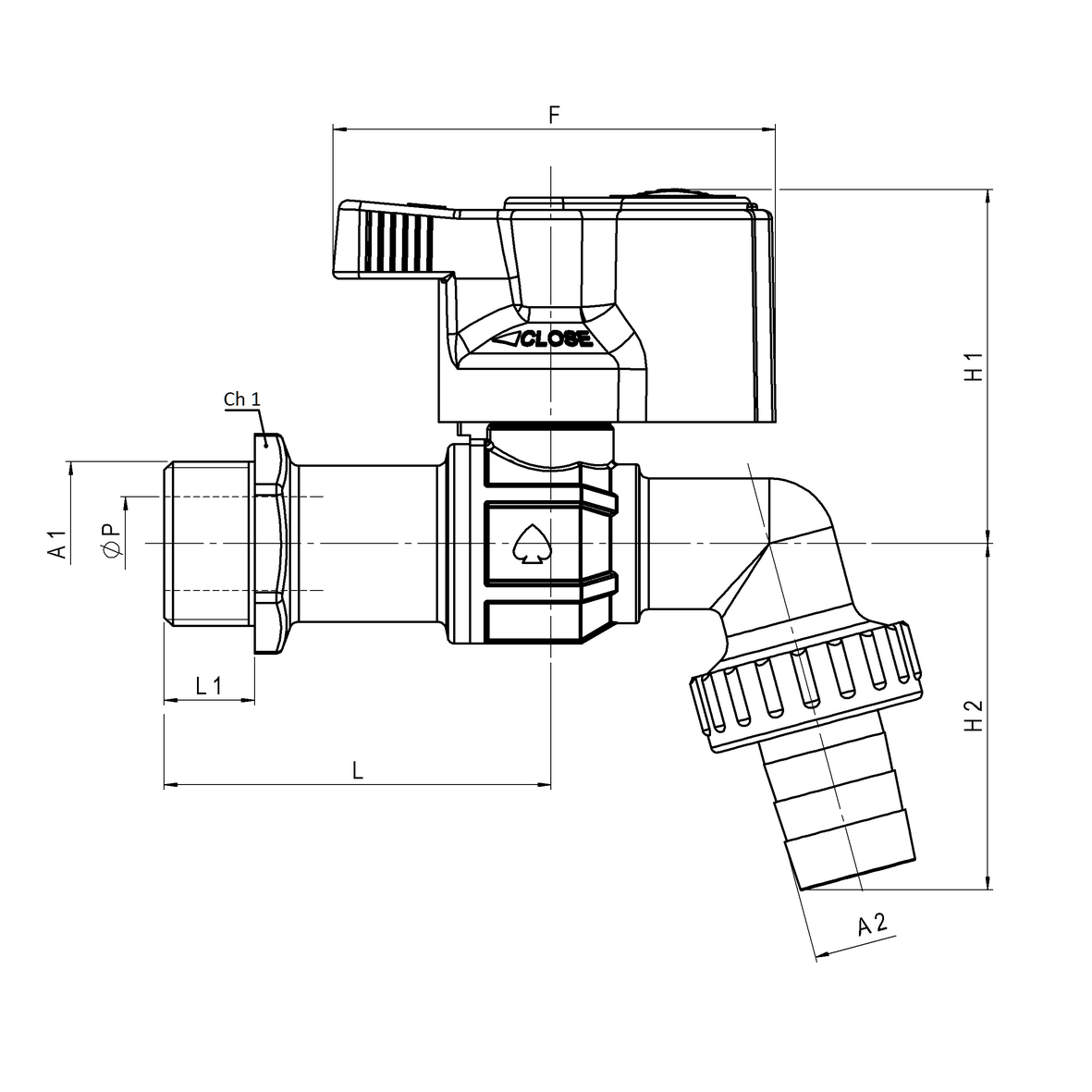 Curved ball bibcock, with hose connection and arrearage lock with automatic lock 401-460 MALE-PG