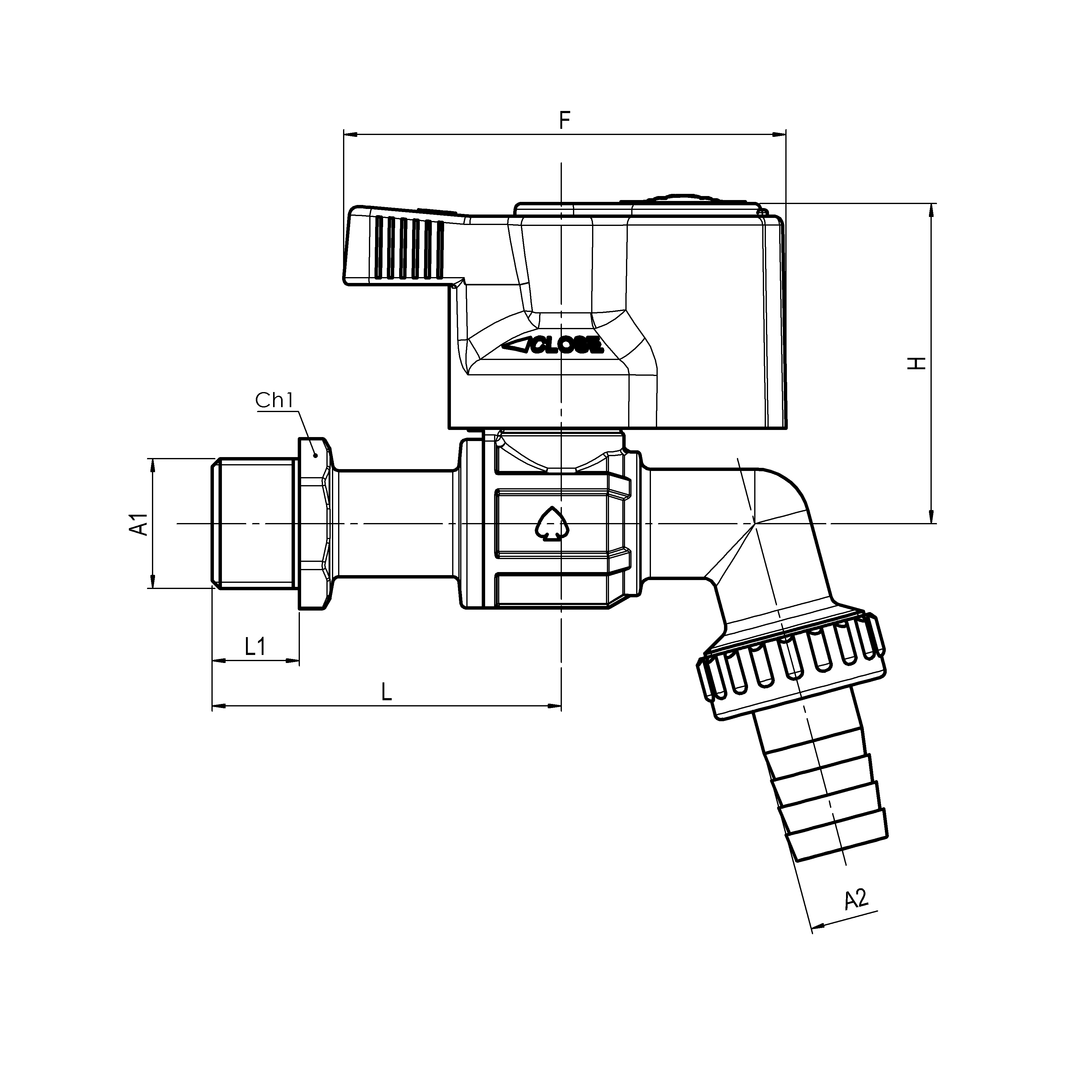 Curved ball bibcock, anti-freeze, with hose connection and arrearage lock with automatic lock 401-460 MALE-PG