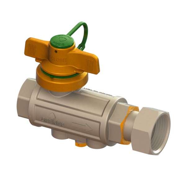 Water full-bore ball valve, heavy execution, with check valve and adjustable survival device with B-Grip T-handle, FEMALE-MOVING NUT