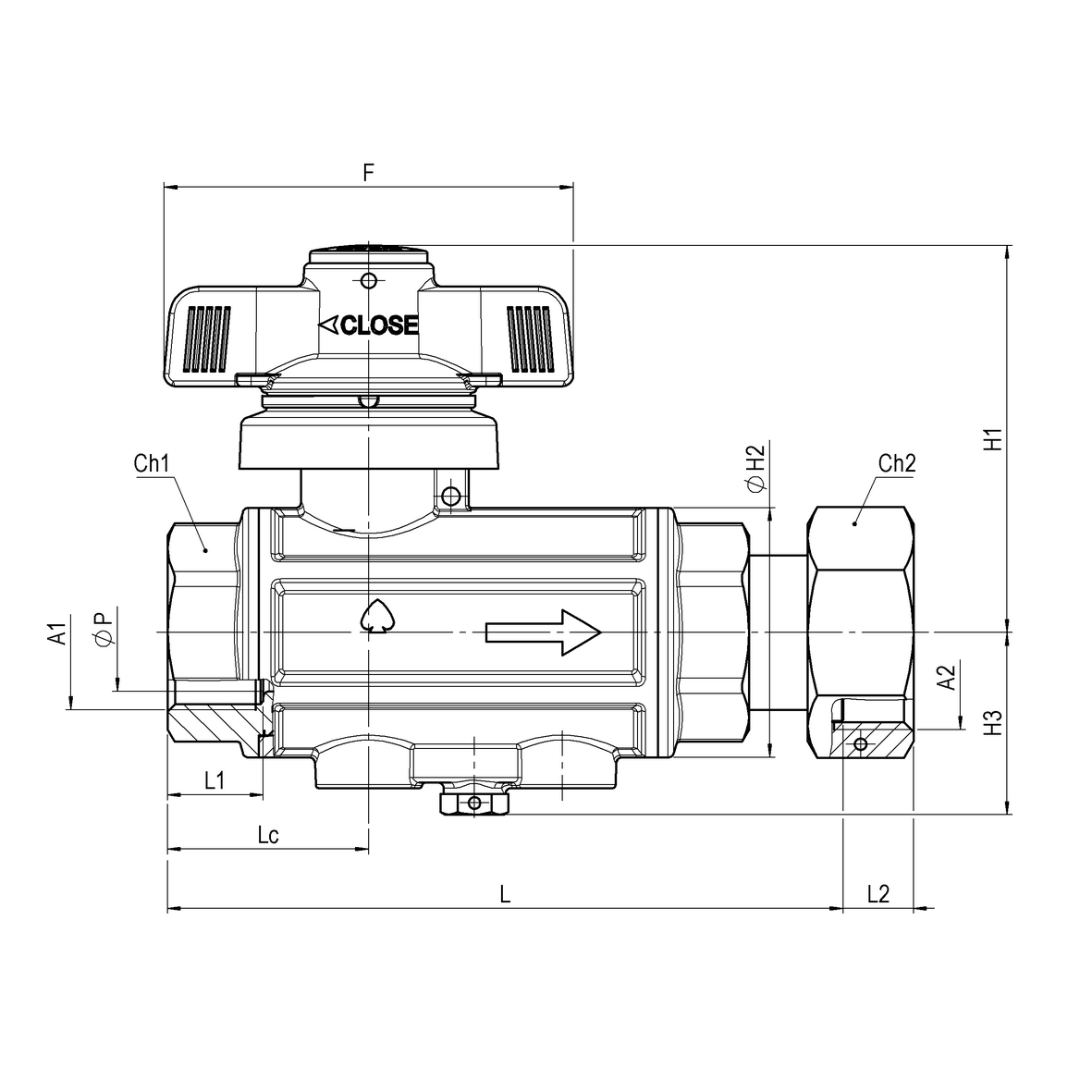 Water full-bore ball valve, heavy execution, with check valve and adjustable survival device with B-Grip T-handle, FEMALE-MOVING NUT