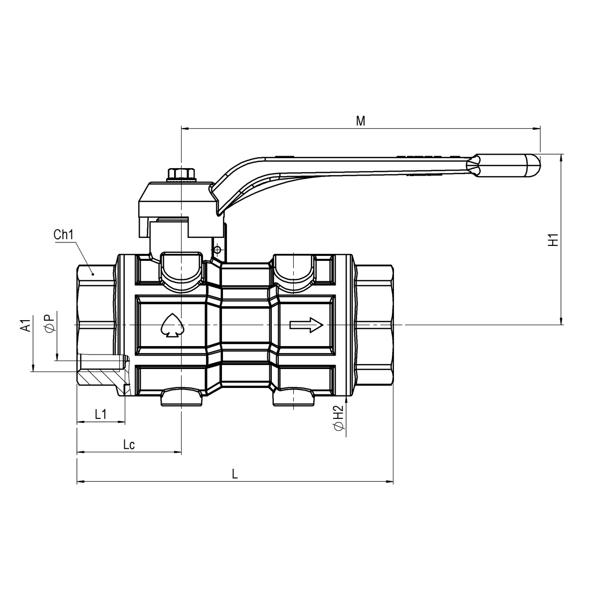 Water full-bore ball valve, heavy execution with in-line check valve with handle, FEMALE-FEMALE