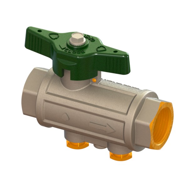 Valvola a sfera acqua a passaggio totale pesante con ritegno in linea e 2 scarichi con farfalla sigillabile F-F