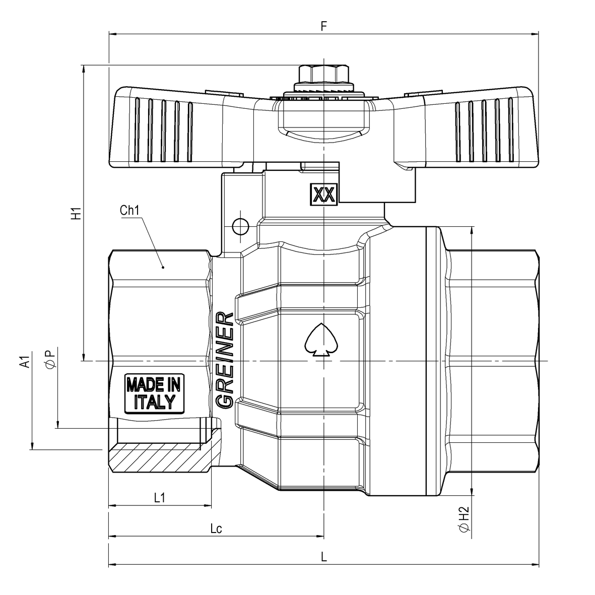 Gas full-bore ball valve, standard series, with yellow sealable T-handle FEMALE-FEMALE