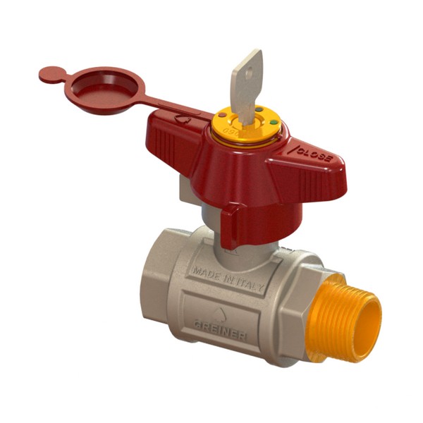 Water full-bore ball valve, heavy execution, arrearage lock with 2 pos. automatic lock, 0901 with red T-handle, MALE-FEMALE