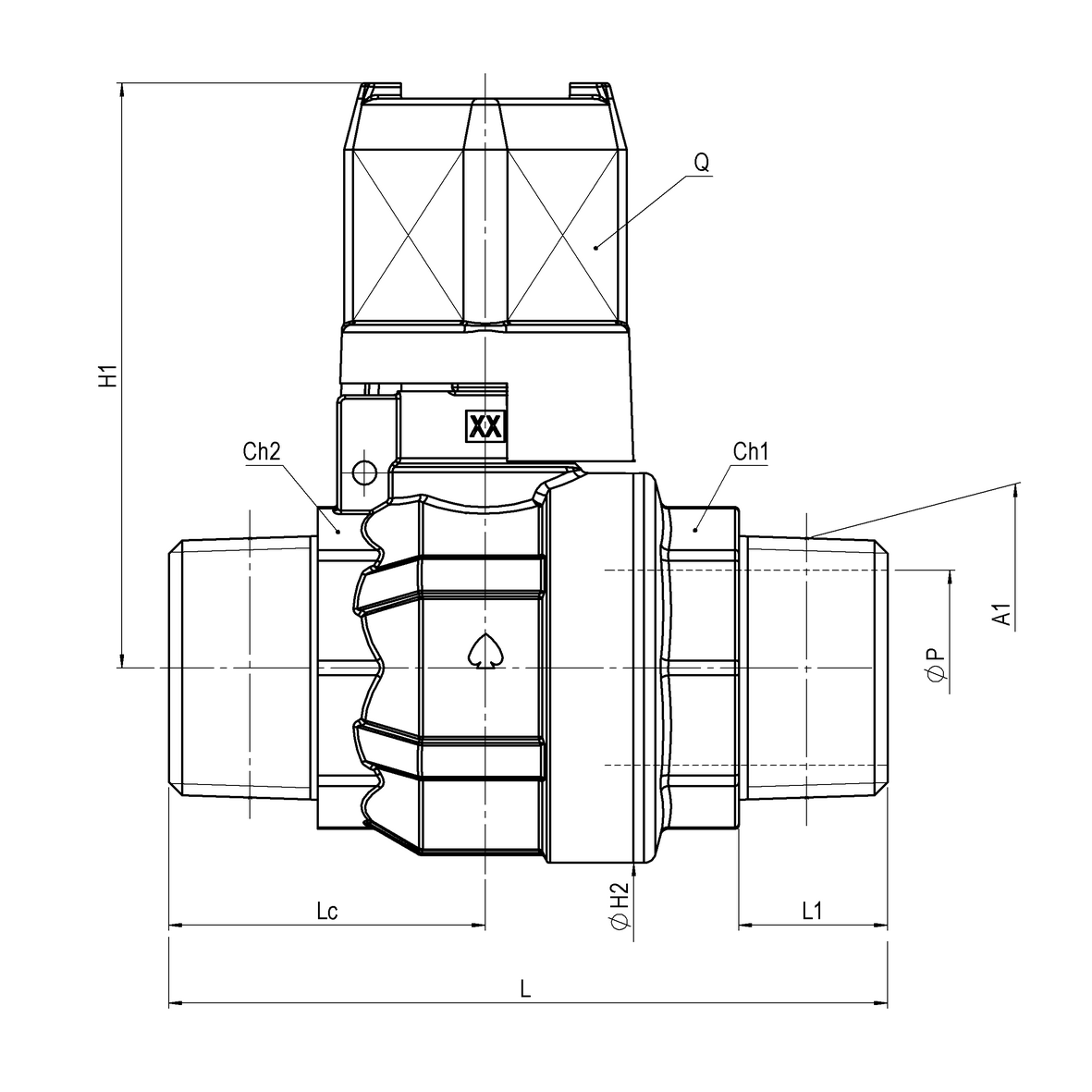 Water full-bore ball valve, standard series, with square cap MALE-MALE