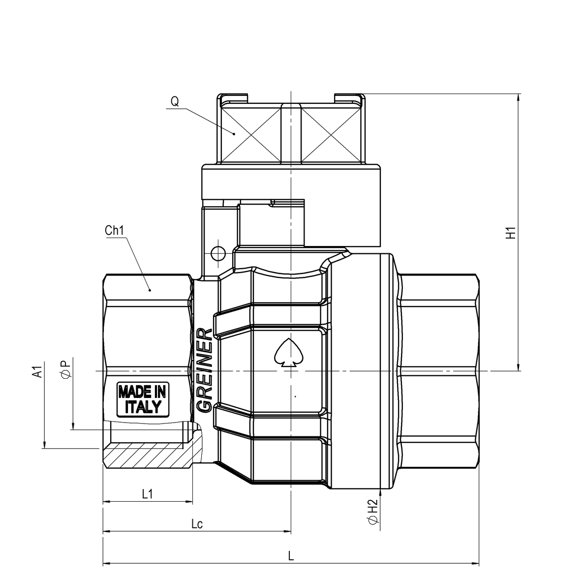 Water full-bore ball valve, standard series, with square cap FEMALE-FEMALE