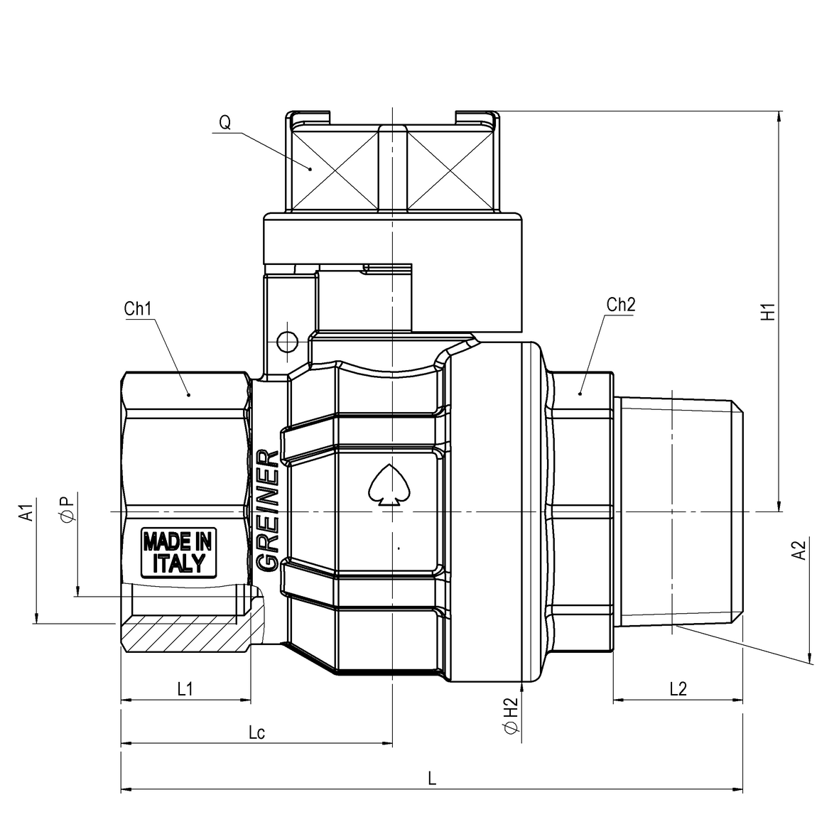 Water full-bore ball valve, standard series, with square cap MALE-FEMALE