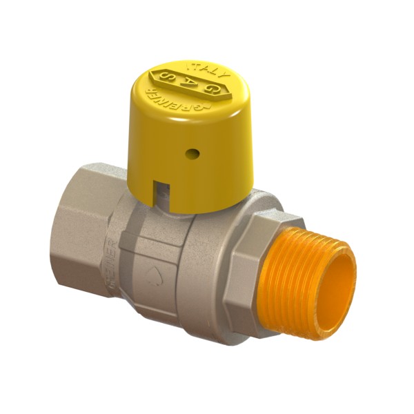 Valvola a sfera per gas a passaggio totale serie normale con cappuccio giallo sigillabile M-F