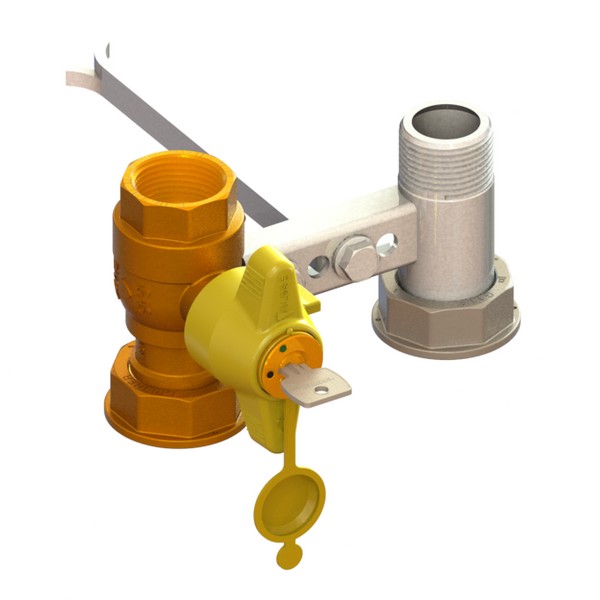 Mensola per contatore gas I=110 valvola in entrata con serratura DFA  651÷685 cannotto in uscita con zanca a murare F-GI-M