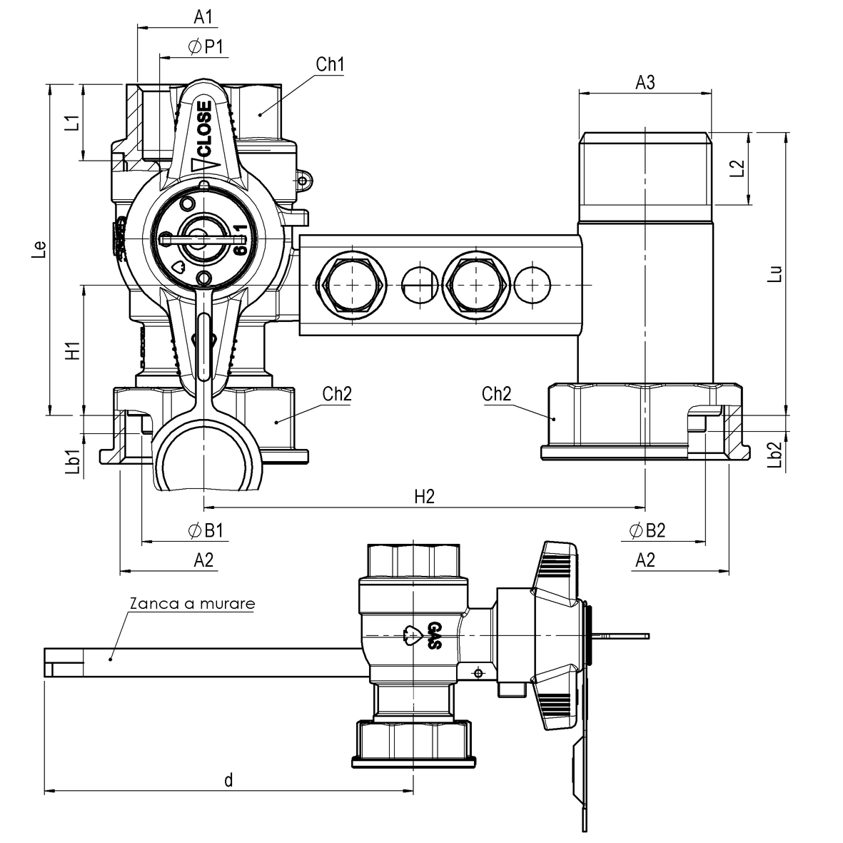Mensola per contatore gas I=110 valvola in entrata con serratura DFA  651÷685 cannotto in uscita con zanca a murare F-GI-M