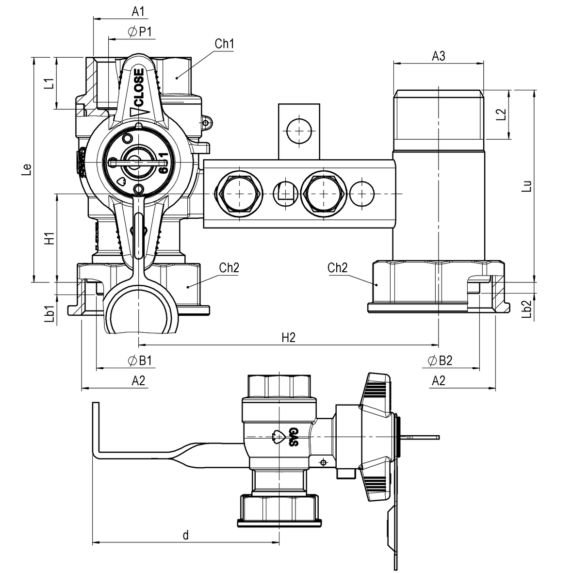 Mensola per contatore gas I=110 valvola in entrata con serratura DFA  651÷685 cannotto in uscita con zanca attorcigliata F-GI-M