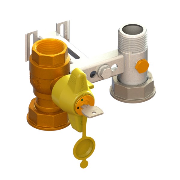 Bracket for gas meter L=110, inlet valve with DFA lock 651 to 685, outlet tail with PCP with “U” support FEMALE-MOVING NUT-MALE