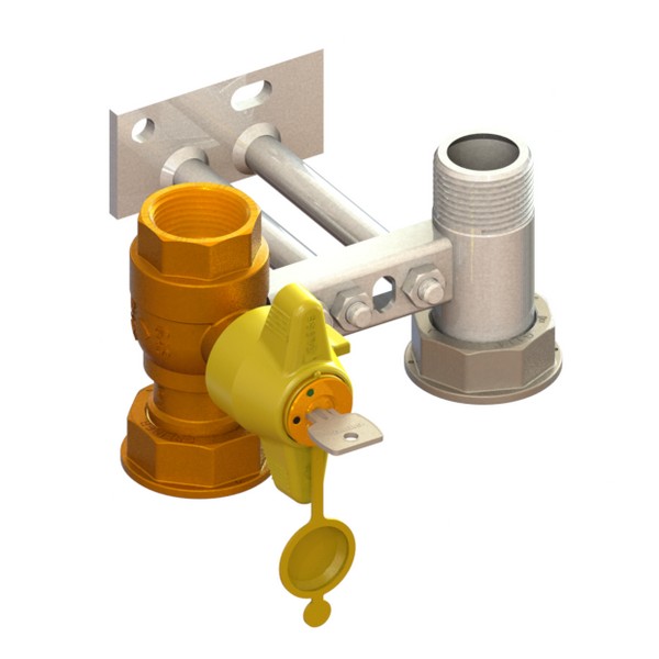 Bracket for gas meter L=110, inlet valve with DFA lock 651 to 685, outlet tail with 2 pins FEMALE-MOVING NUT-MALE