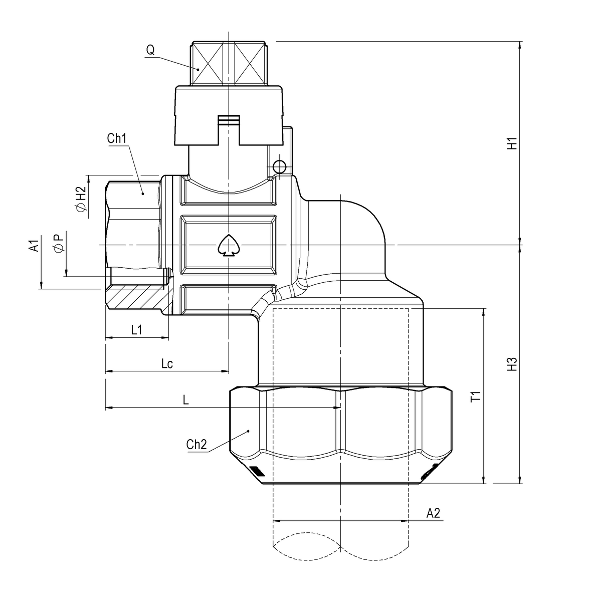 Valvola a sfera a squadra per acqua a passaggio totale serie pesante cappellotto quadro F-PE