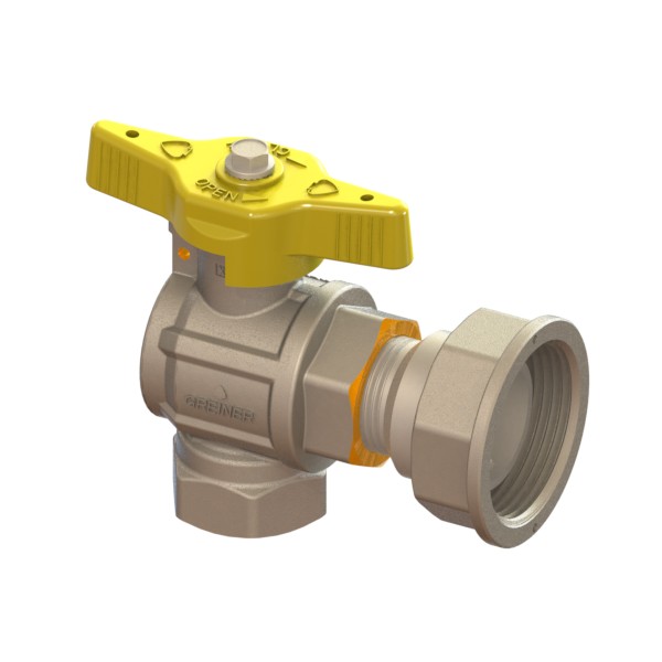 Gas meter full-bore, inlet right-angle ball valve, heavy execution, with yellow sealable T-handle FEMALE-MOVING NUT