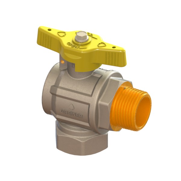 Gas full-bore, right-angle ball valve, heavy execution, with yellow sealable T-handle FEMALE-MALE