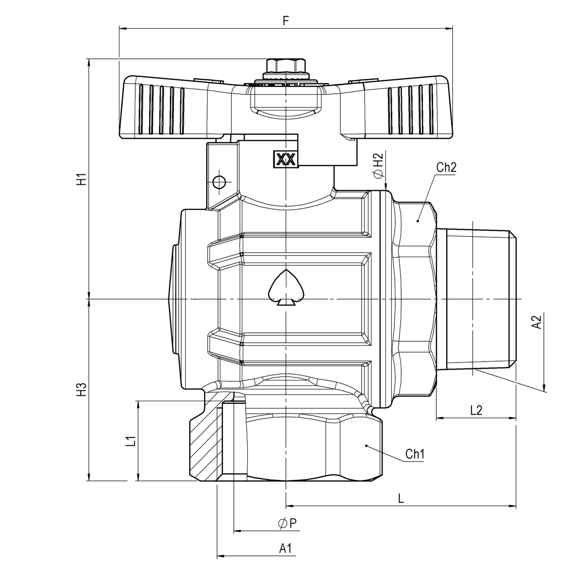 Gas full-bore, right-angle ball valve, heavy execution, with yellow sealable T-handle FEMALE-MALE