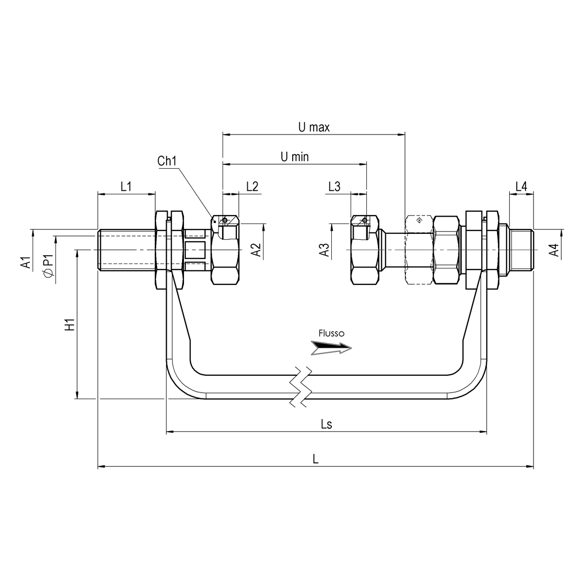 Bracket for “compact type” water meter DN15 L=110 with zinc-coated steel fixed support with fixed fittings MALE-MOVING NUT and telescopic MOVING NUT-MALE