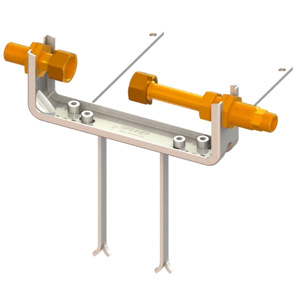 Bracket for multi-jet water meter DN20 with fixed pulling-safe bracket  and zinc-coated steel fixing anchors with fixed fittings MALE-MOVING NUT and telescopic MOVING NUT-MALE