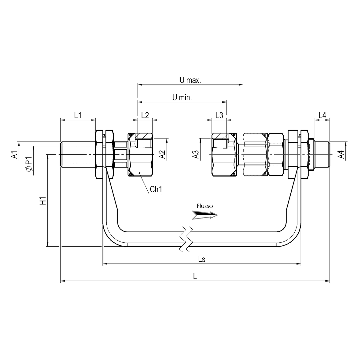 Bracket for “compact type” water meter DN15 L=110 with zinc-coated steel fixed support with fixed fittings MALE-MOVING NUT and telescopic MOVING NUT-MALE