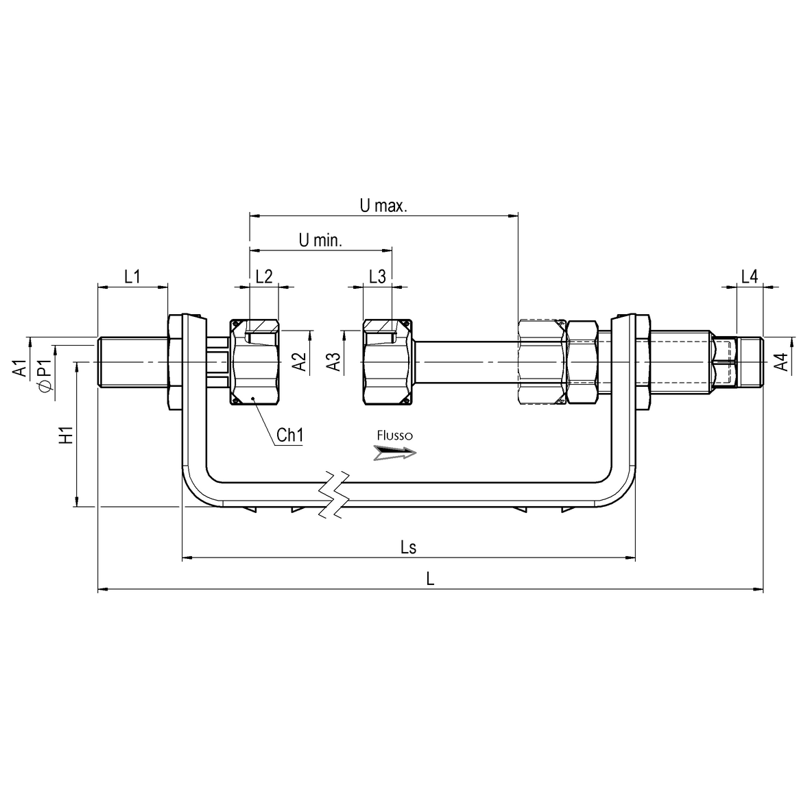 Bracket for multi-jet water meter DN15 with zinc-coated steel fixed pulling-safe bracket  with fixed fittings MALE-MOVING NUT and telescopic MOVING NUT-MALE